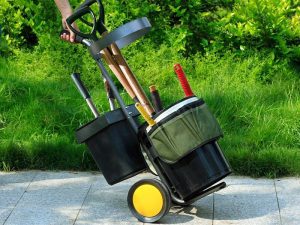 1 garden tool cart filled with different gardening items