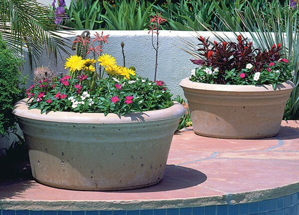 1 two outside large planters with colorful flowers