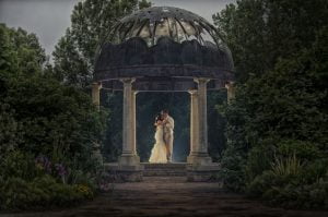 botanical garden wedding bride and groom at twilight