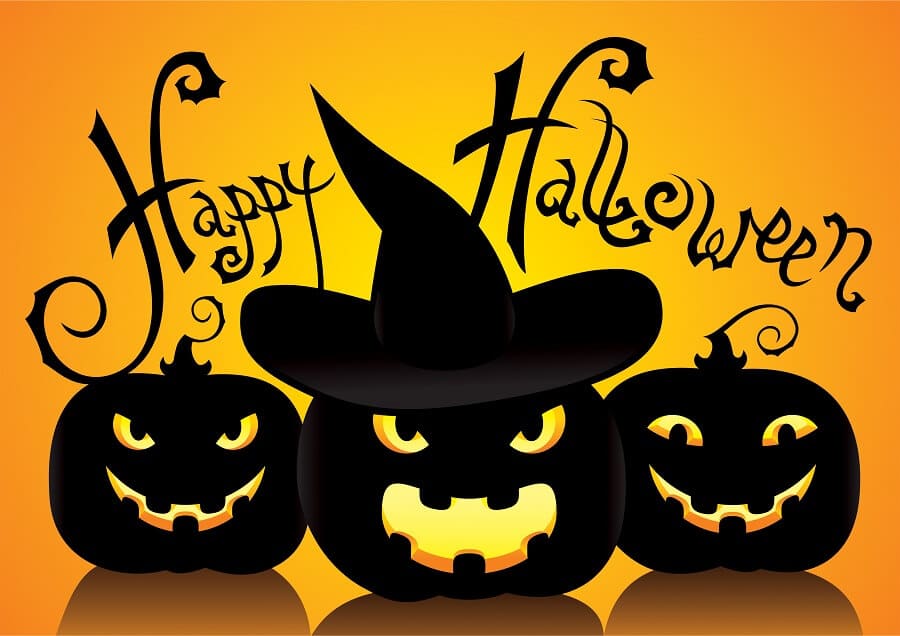 1 illustration of three jack o lanters reading happy halloween