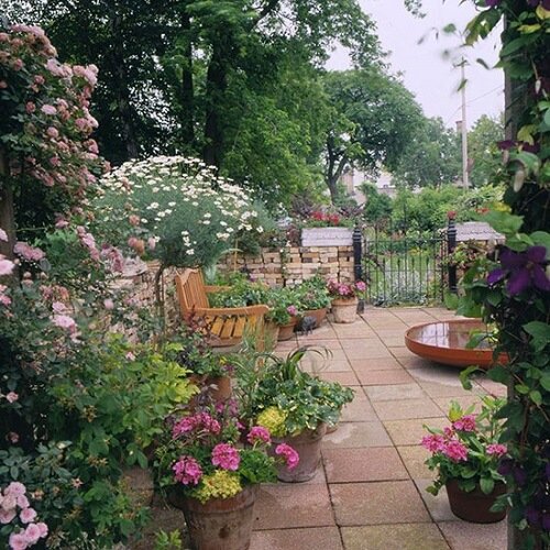 backyard surrounded by multiple flower pots and a water fountain