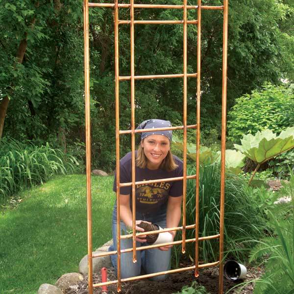 woman sitting behind a trellis made of copper rods