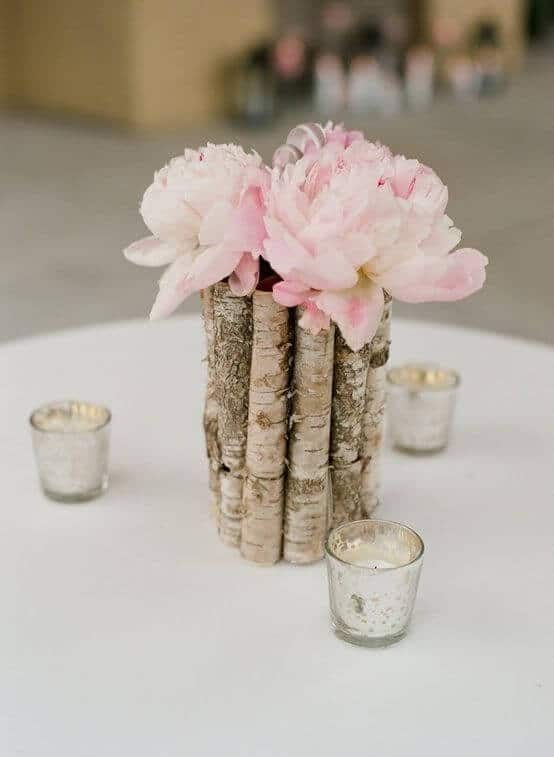 diy wedding centerpiece with pink peonies in a container made of wood