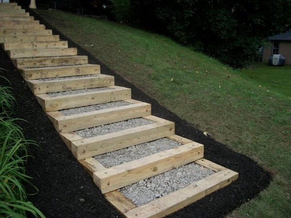 stairs built with timber and gravel, landscape timbers