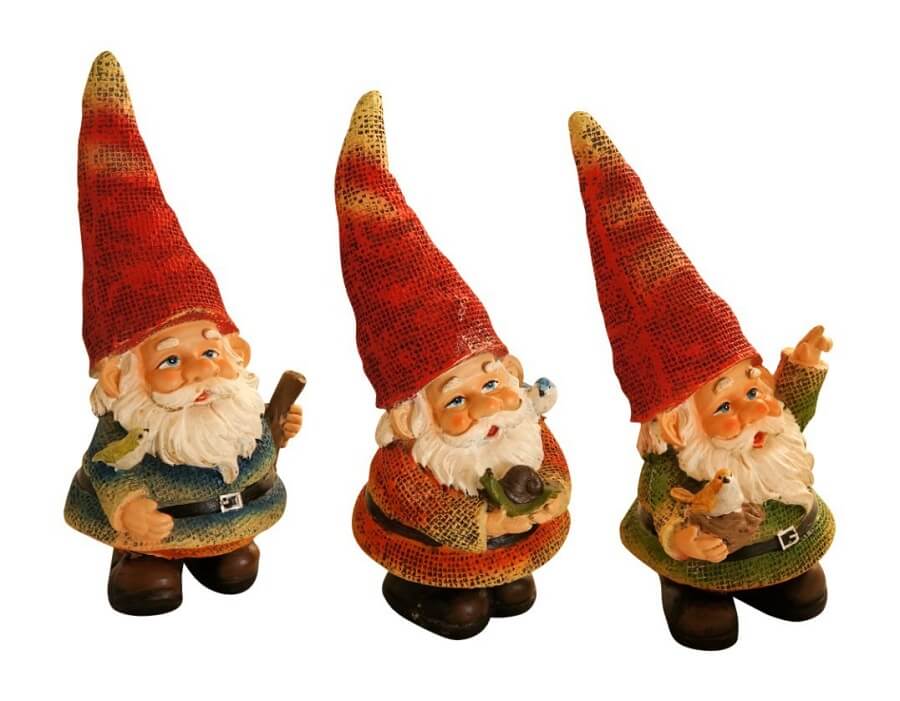 three garden gnomes, vintage garden gnomes