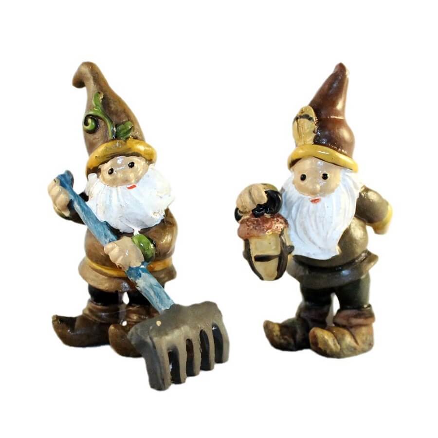 two small garden gnomes, vintage garden gnomes