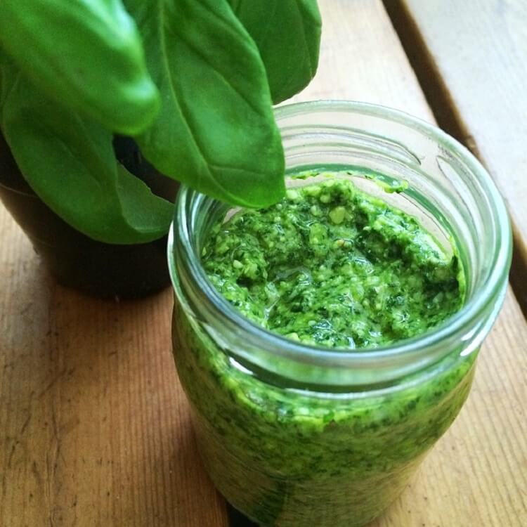 Pesto sauce made of fresh basil, placed in a jar