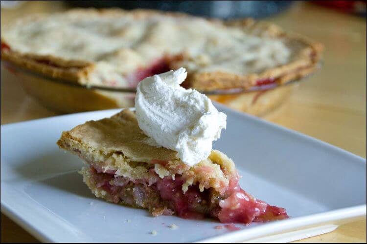 Close up of a slice of strawberry rhubarb pie