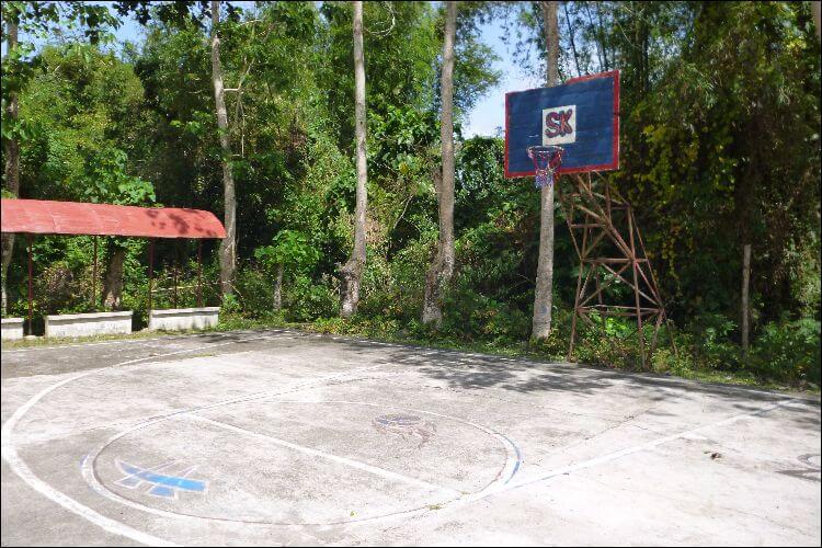 Rudimentary basketball court in the backyard with a concrete foundation, simple lines and a hoop
