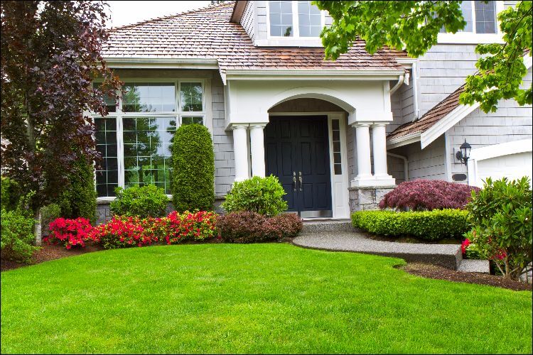 front yard landscaping ideas on a budget green lawn in front of a house