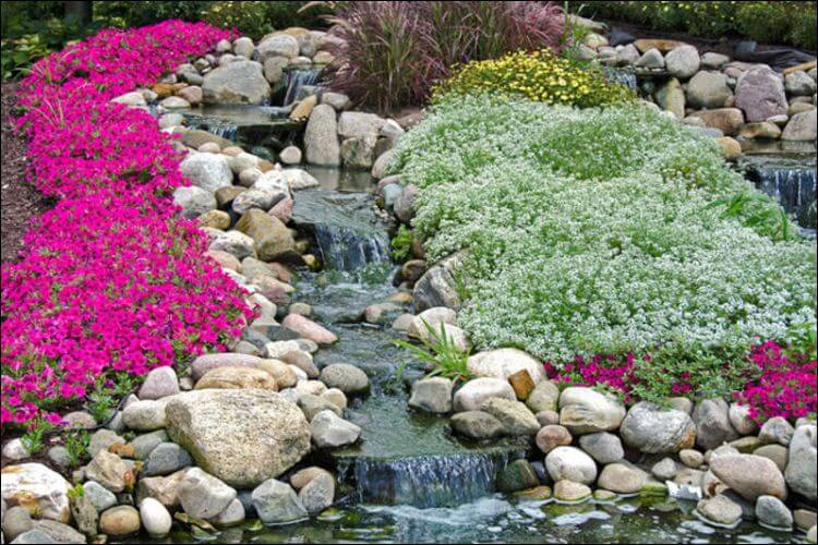 planting on a slope design with waterfall and rocks