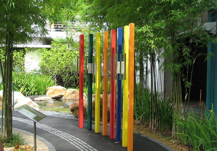 Colorful pillars in a sensory garden