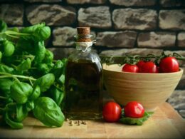 olive oil, tomatoes, basil