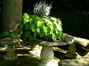 idyll, garden bench, stone table