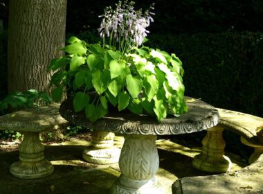 idyll, garden bench, stone table