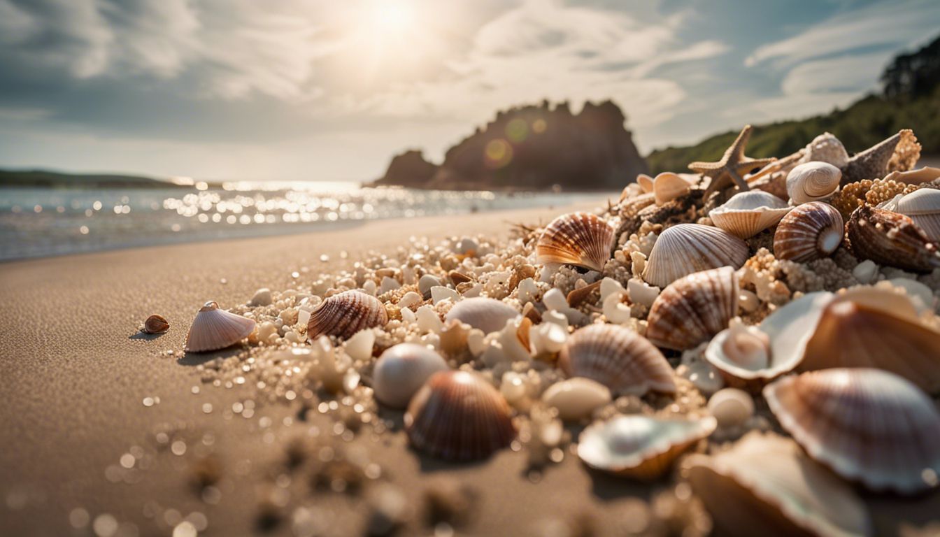 Collection of seashells on a sandy beach with rolling waves.