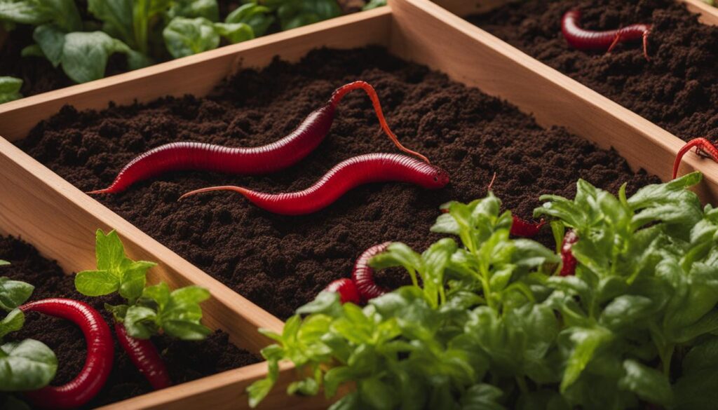red wigglers and nightcrawlers in a raised garden bed