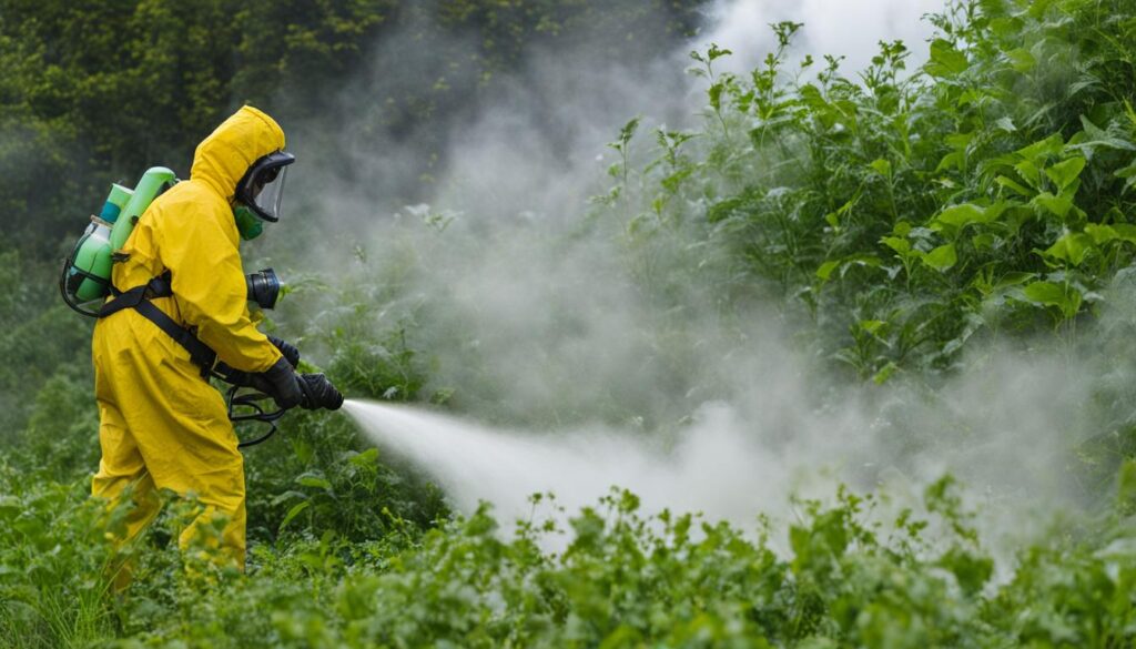 Spraying low-growing vegetation in chigger infested area