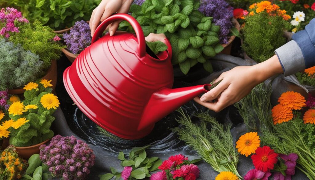 watering herbs and flowers