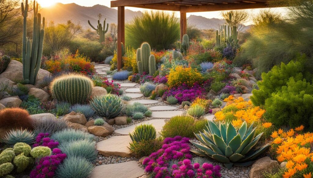 xeriscape garden with colorful flowers